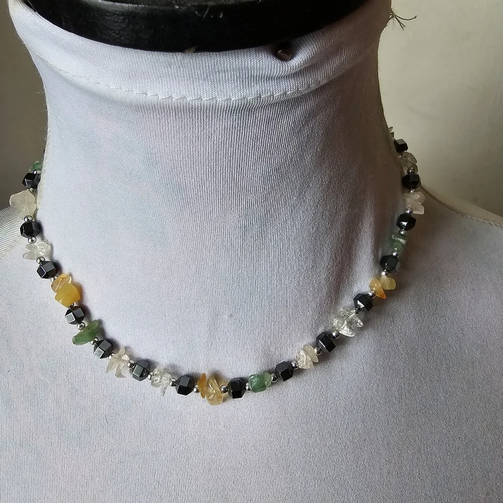 Handmade gemstone necklace beaded yellow green grey gray silver tone clear